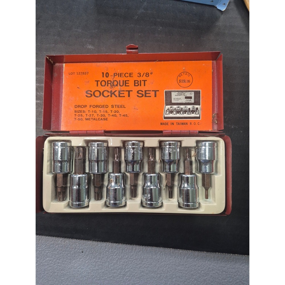 Vintage 10 Piece 3/8 Drive Torque Bit Socket Set T10-T50 Drop Forged Steel Case